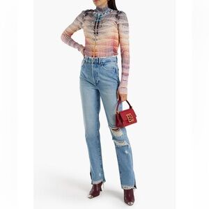 Good American Pale Blue Ripped Flare Jeans with Front Slits